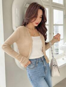 KEEJOIN Cárdigan de punto acanalado con ribete de vieira, blusas de manga larga, ropa de otoño - Caqui - Ver 3