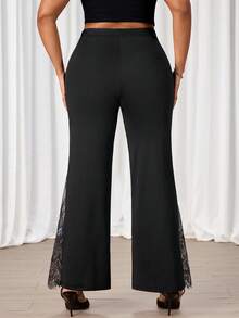SHEIN Tall CURVE 大码女式蕾丝拼接休闲百搭日常喇叭裤 - 黑色 - 查看 2