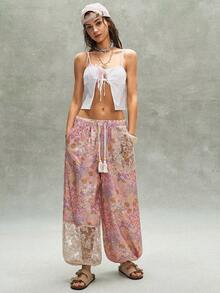 Bohemela Women's Casual Loose Drawstring Waist Pants - Pink - View 8