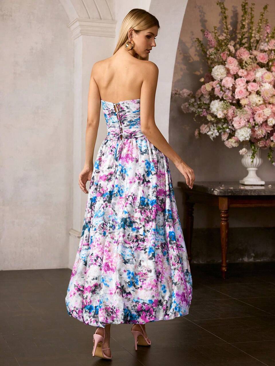 MOTF Soiréza WOMEN'S ELEGANT FORM-FITTING ELEGANT BUST RUCHED MAXI FLORAL PRINT DRESS, BACK TIE SPAGHETTI STRAPS & UMBRELLA HEM