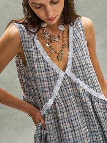 Bohemela 女士休闲格纹V领迷你连衣裙 - 藍白色 - 查看 5