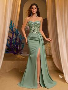 Glamrae Đầm cúp ngực sang trọng, thanh lịch màu xanh lá cây thêu sequin, chân váy đuôi cá co giãn dệt kim đính cườm thủ công với đường viền xếp nếp, thích hợp cho các bữa tiệc, dạ hội và các dịp trang trọng. - Cỏ xanh - Xem 5