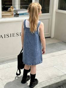 Elladie kids Young Girls' Denim-Effect 2-Piece Set, Ribbed Tank Top And Adjustable Denim Pinafore Dress With Sunflower Decor, Summer, Matching, Family Vacation - Blue - View 2