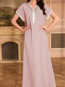 Al Najma Đầm dự tiệc/nghỉ lễ cổ chữ V đính ren dành cho nữ - Hồng - Xem 4