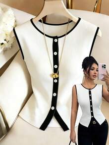 Elenzga Women's Round Neck Single-Breasted Casual Versatile Daily Wear Top - Black and White - View 1