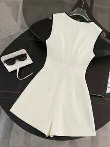 GlowEve 女士浅杏色圆领撞色腰部连体裤，魅力优雅，适合度假、休闲、海滩、街头、日常通勤、性感、浪漫、商务、约会、节日等场合，短袖浅杏色连体裤 - 彩色 - 查看 2