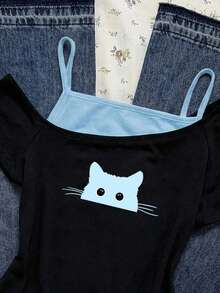 Attitoon Áo thun ngắn tay nữ kiểu dáng retro màu đen và xanh phối tương phản, in hình mèo xanh đang nhìn trộm, thích hợp cho mùa hè. - xanh và đen - Xem 3