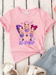 Young Girl Round Neck Cartoon Letter Print Casual Versatile Daily Wear Short Sleeve T-Shirt - Mauve Purple - View 3