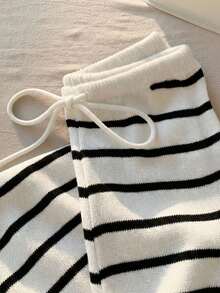 Comfortcana Plus Size Women Drawstring Waist Striped Casual Versatile Daily Wear Knit Pants - White - View 6
