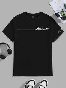 Manfinity EMRG Camiseta casual de hombre con estampado de letras, verano - Negro - Ver 2