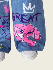 Sparklyn 休闲时尚卡通印花仿牛仔弹力腰阔腿裤，适合青少年女孩，宽松舒适，适合秋季、春季、夏季日常穿着、通勤、户外活动、篮球、足球、上学、街头风、派对、拍照等场合。 - 藍色 - 查看 7