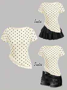 SHEIN Girlism 杏色针织网眼休闲简约波点印花紧身不对称下摆短款上衣，适合春夏穿着，休闲百搭，可打造个性造型，日常穿着。 - 杏色 - 查看 3