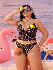 Swim Mod 2026新款加大码女式两件套随机几何印花时尚度假休闲简约显瘦端庄蝴蝶结可调节粗肩带高腰高开衩三角比基尼泳衣 - 棕色 - 查看 3