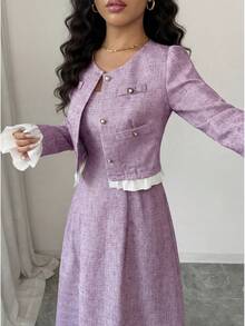 Elenzga Đầm không tay phối màu xanh trắng với túi cài khuy, trang phục công sở thanh lịch, thoải mái dành cho nữ. - Màu tím - Xem 6