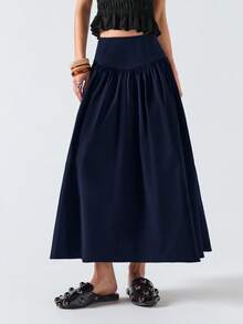 LYSMO 女士纯色百褶休闲百搭约会外出迷你裙 - 藏蓝色 - 查看 3