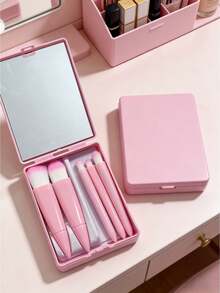 5PCS Portable Makeup Brush Set With Mirror Case Multifunctional Foundation Powder Blush Eye Shadow Blending Brush Kit Professional Cosmetic Tools For Travel Home Use Beauty Gift Set - Pink - View 2