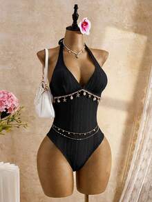 Bellisia 2026春夏女士沙滩连衣裙，连体式，优雅浪漫甜美花卉纹理面料，波西米亚风精致贝壳链装饰，可拆卸胸垫，蝴蝶结肩带，挂脖式连体泳衣，多种颜色可选，浅粉色，甜美可爱，清新优雅，浪漫度假，2026春夏新款，新年，情人节，返校季，旅行季，适合度假、海滩、下午茶野餐、派对、日常穿着、休闲、户外运动，时尚穿搭，女士泳衣，女士连体泳衣，女士塑身拉链泳衣，挂脖式泳衣 - 黑色 - 查看 3