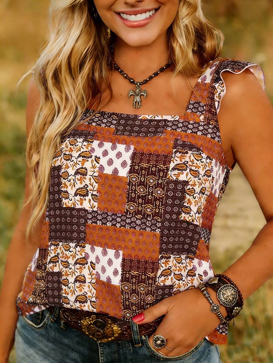 Áo tank top nữ dáng rộng, bèo nhún, in họa tiết phong cách bohemian, thích hợp cho mùa xuân/hè, thương hiệu LanaWest. - màu nâu - Xem 1