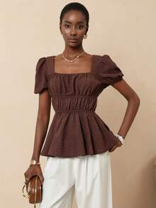 Vesra Square Neck Petal Sleeve Ruched Textured Ruched Hem Women Blouse - Brown - View 3