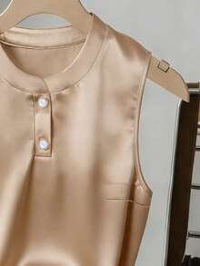 Lyxana Women's Summer Knit Round Neck Shiny Cady Sleeveless Champagne Commuter Metal Button Elegant Casual Versatile Tank Top - Champagne - View 4
