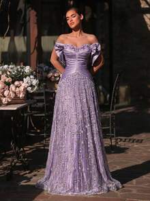 Glamrae 优雅浅灰紫色奢华3D珠绣连衣裙，宽肩带方领束腰手工编织绳腰带，超大A字裙摆，适合约会、度假、单身派对、婚礼、女士晚礼服 - 淺灰紫 - 查看 4