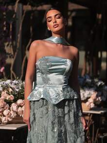 Glamrae Đầm maxi ren satin tay dài đính cườm và kim sa sang trọng, gợi cảm, không dây vai, thích hợp cho đám cưới, sự kiện, tiệc tùng, kỳ nghỉ, dạ hội (được trang trí cầu kỳ). - Màu xanh nhạt - Xem 2