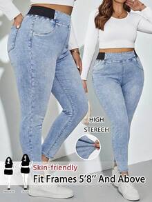 SHEIN Tall CURVE 大尺碼淺藍色夏季日常休閒女款高彈力牛仔褲，Y2K街頭風哥德頹廢風，適合生日、夜店、機場穿搭 - 中等水洗藍 - 查看 8