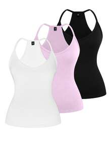 EMERY ROSE Conjunto informal de 3 piezas de talla grande con cuello en V, incluyendo top de tirantes, chaleco y top de entrenamiento para mujer, tops baratos para mujer, paquete de tops de mujer - Multicolor - Ver 1