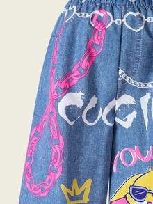 Sparklyn 休闲时尚卡通印花仿牛仔弹力腰阔腿裤，适合青少年女孩，宽松舒适，适合秋季、春季、夏季日常穿着、通勤、户外活动、篮球、足球、上学、街头风、派对、拍照等场合。 - 藍色 - 查看 6