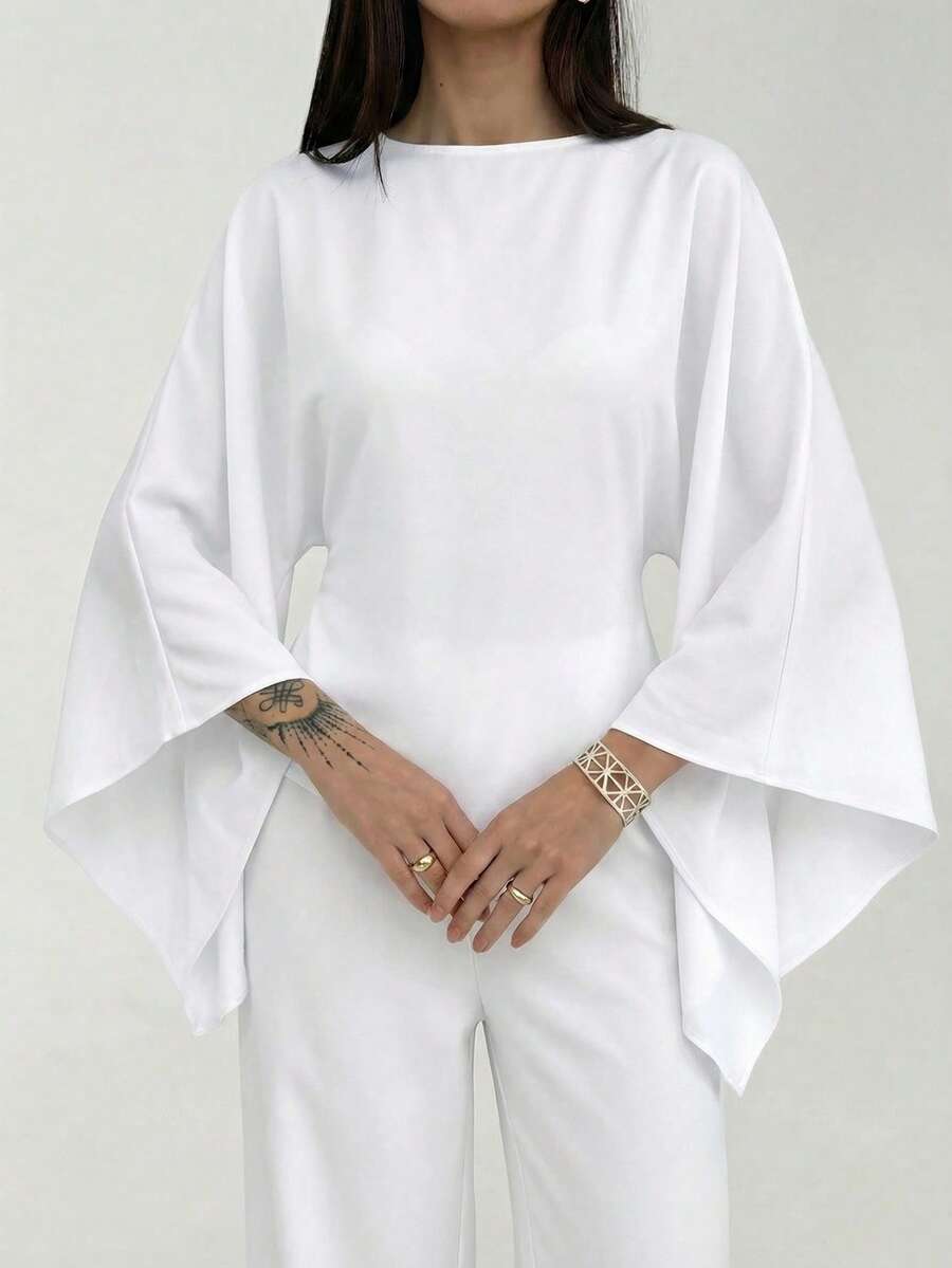 Aloruh Boat Neck Voluminous Sleeve Cinched Waist Commuter Shirt - White - View 1