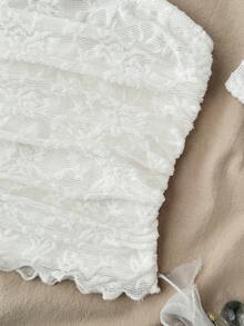 少女优雅甜美背心和吊带衫，配套围巾，杏色褶皱腰部蕾丝短款上衣 - 杏色 - 查看 4