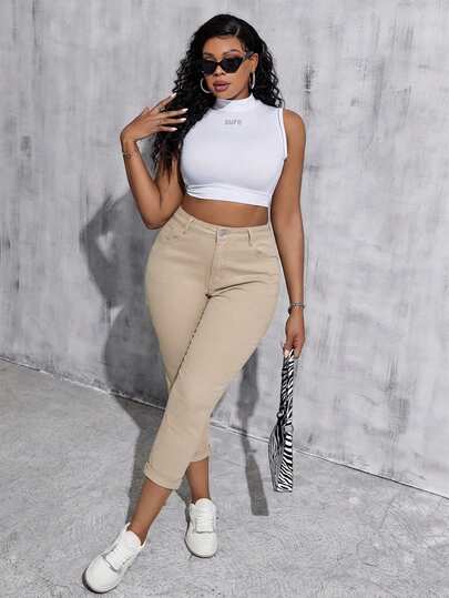 SHEIN Tall CURVE Plus Size Women White Denim Elastic Skinny Capri Pants