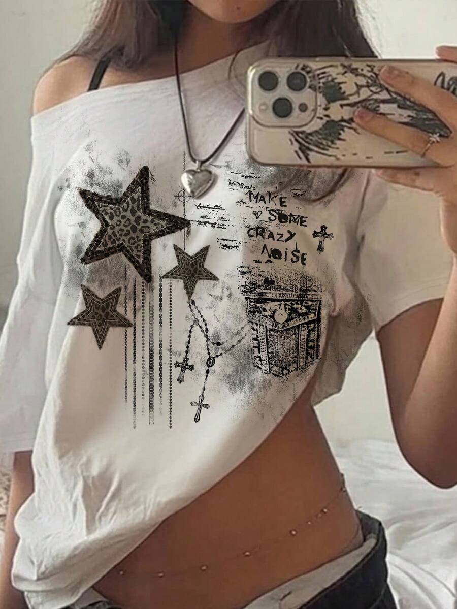 SHEIN EZwear 女士休闲简约印花露肩宽松短袖T恤 - 彩色 - 查看 1