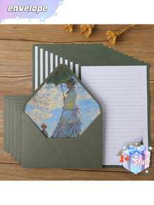 SHEIN 16 Green Set Of Oil Painting Envelopes Containing 6 Envelopes And 10 Pieces Of Writing Stationery For Making Invitations And Greeting Cards Gift Greeting Cards Writing Letters New Year's Gifts - Green - View 1