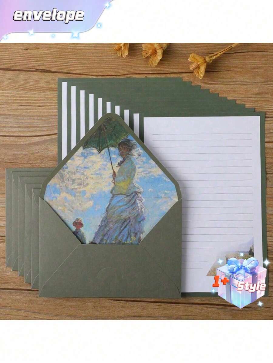 SHEIN 16 Green Set Of Oil Painting Envelopes Containing 6 Envelopes And 10 Pieces Of Writing Stationery For Making Invitations And Greeting Cards Gift Greeting Cards Writing Letters New Year's Gifts - Green - View 1