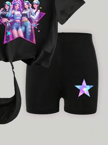 SHEIN 春夏少女休闲时尚创意个性清新可爱简约酷炫虚拟少女组合五角星图案字母标语印花休闲基础款短袖T恤和骑行短裤套装，舒适百搭，适合春、夏、秋季穿着。 - 黑色 - 查看 7