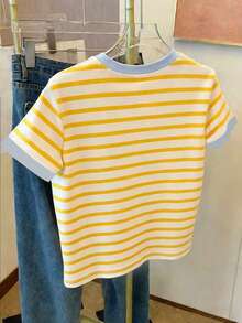 2026春夏新款女童时尚休闲舒适度假风黄蓝仿刺绣爱心狗狗印花短袖圆领T恤，适合夏季穿着 - 彩色 - 查看 2