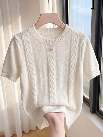 SHEIN Franclia Summer-Style, Relaxed, Three-Dimensional Twisted Rope Pattern Short Sleeveless Knit Vest Top For Women; Fashionable Spring And Summer Versatile Sleeveless Top; Elegant And Slim-Fitting High-Quality Basic Knitwear For Women In Autumn And Winter; Casual Knit Top; Elegant Round Neck Knit Top For Women; Versatile For Women's Commuting And Daily Wear; White Sweater; Women's Date And Party Outfit Set.Graduation Season Attire, Fashionable Casual Commuter Wear, Business Office Wear, Versatile And Stylish Everyday Casual Wear, Urban Teacher's Professional Attire