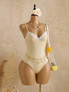 Bellisia 26SS 女士春夏连体泳衣，清新甜美蝴蝶结蕾丝饰边，适合海滩、度假、下午茶、野餐，带可拆卸衬垫，提供上托支撑。 - 淡黃色 - 查看 4