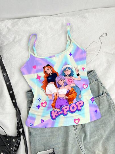 少女扎染休闲吊带背心，K-POP卡通女孩图案，运动肩带，适合春夏日常、海滩、户外休闲穿着
