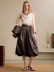Aveloria Modichic Pantalon décontracté à taille haute plissé, ultra-léger et ample avec taille élastique pour femmes - Marron - Voir 5