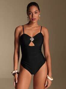 Swim Oasis Women's Black Elegant Ruched One-Piece Swimsuit With Coverup,Summer Beach Holiday Bathing Suit Set,Solid Color Metal Decor Boho Vacation Outfits,2026 - Black - View 15