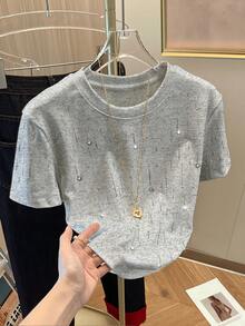 Resyla 闪亮亮片水钻简约设计女式常规圆领短袖T恤，送朋友的礼物 - 淺灰色 - 查看 4