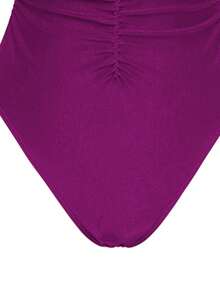Swim Oasis 2pcs/Set Sexy Solid Color V-Neck Ruched Spaghetti Strap Bandeau One-Piece Swimsuit & Front Twist Slit Beach Dress Set - Purple - View 4