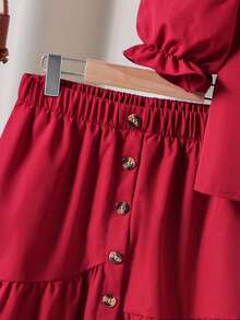 SHEIN 2pcs Tween Girl Print Petal Sleeve Shirt + Asymmetric Button Skirt Set, Comfortable Spring/Summer Holiday Outfit - Burgundy - View 4