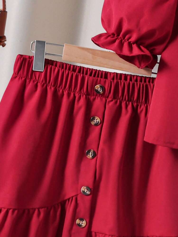 SHEIN 两件套少女印花花瓣袖衬衫+不对称纽扣半身裙套装，舒适的春夏度假装 - 酒紅色 - 查看 4