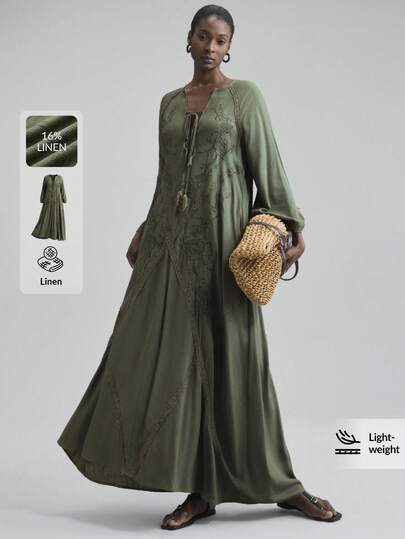 Ontre 2026SS Women's V-Neck Raglan Sleeve Green Dress, Minimalist Casual, Dress, Bohemian Summer Dress, Elegant & Comfortable, Loose