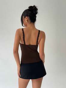 Aloruh 女士酒红色蕾丝拼接深V领修身吊带背心 - 咖啡棕 - 查看 2