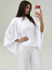 Aloruh Boat Neck Voluminous Sleeve Cinched Waist Commuter Shirt - White - View 4