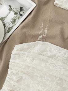 少女优雅甜美背心和吊带衫，配套围巾，杏色褶皱腰部蕾丝短款上衣 - 杏色 - 查看 5